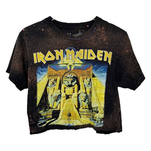 Reworked Iron Maiden Band Cropped Graphic Tee Medium Oversized Bleached Boho - Picture 1 of 4